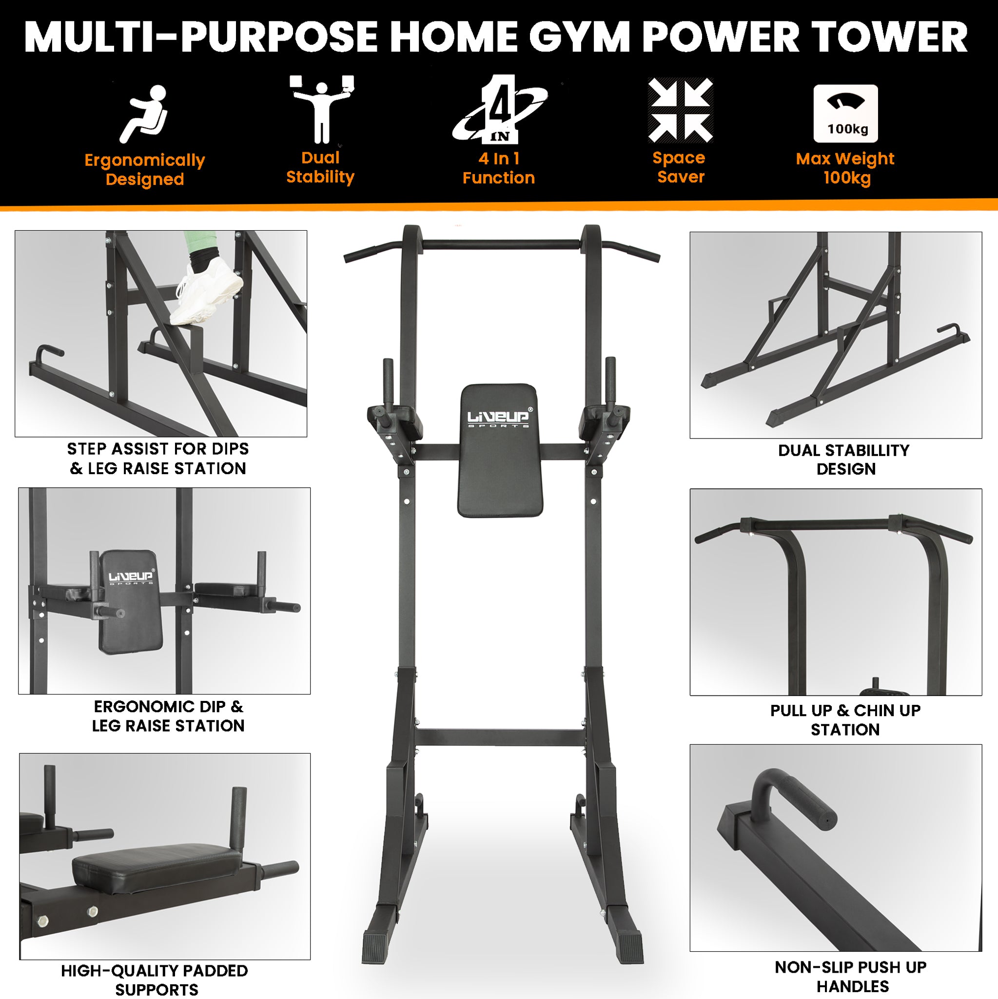Liveup Sports 3-in-1 Power Tower: Pull-up & Dip Station