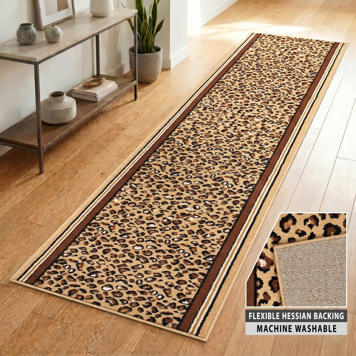 Leopard Print Stair Runner, Animal Print Hallway Carpet Runner, Flexible Hessian Backed, 60cm Wide, Custom Length