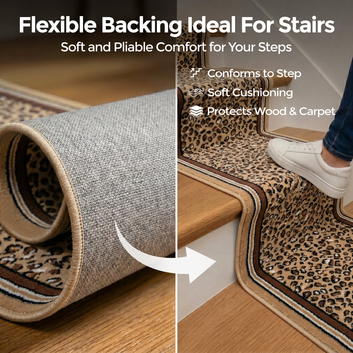 Leopard Print Stair Runner, Animal Print Hallway Carpet Runner, Flexible Hessian Backed, 60cm Wide, Custom Length