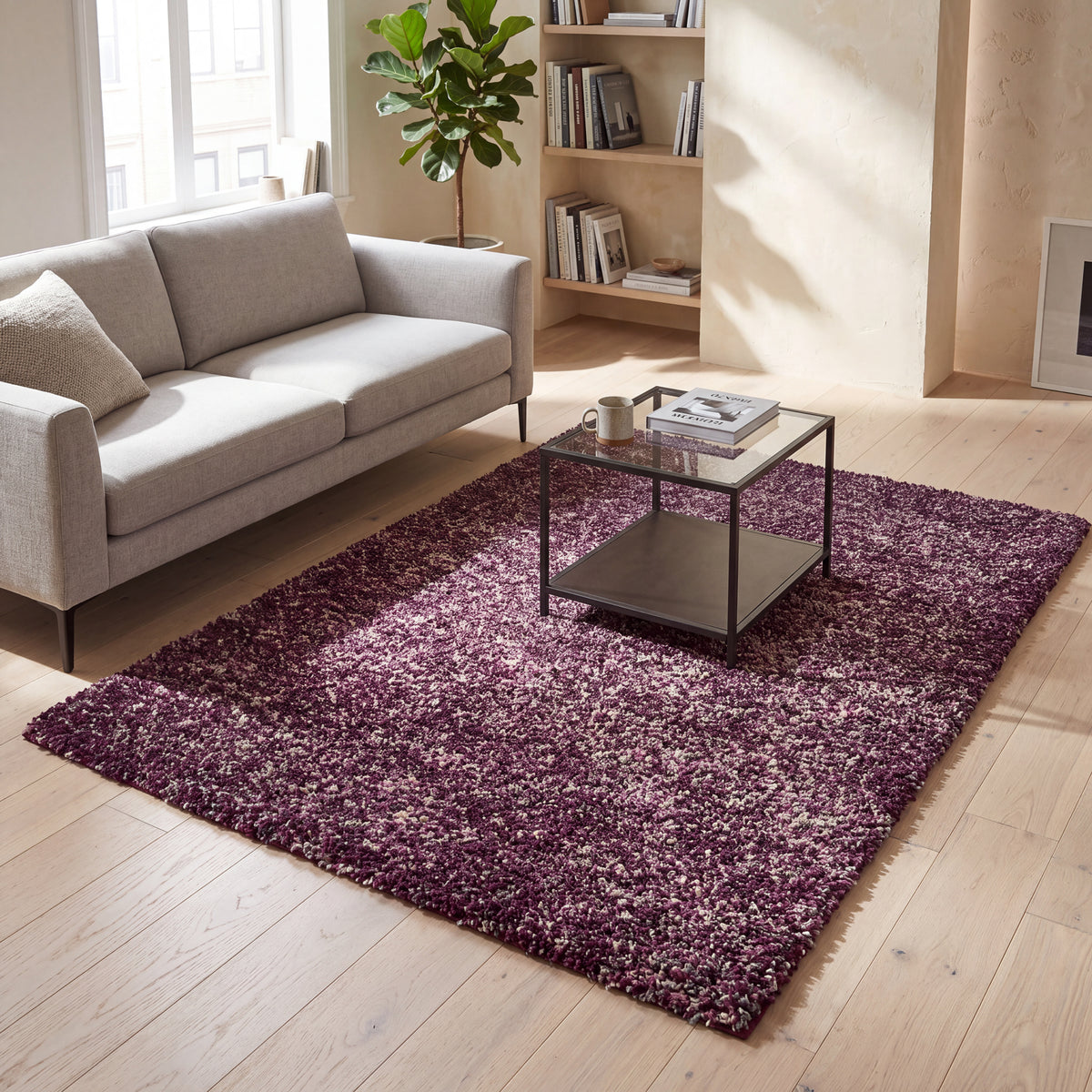 Enjoy Lilac Purple Mottled Shaggy Rug, 4cm Thick Pile, Non-Shed Polypropylene, Hessian Backed, Underfloor Heating Safe
