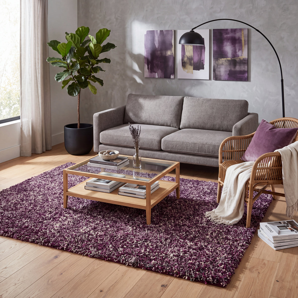 Enjoy Lilac Purple Mottled Shaggy Rug, 4cm Thick Pile, Non-Shed Polypropylene, Hessian Backed, Underfloor Heating Safe