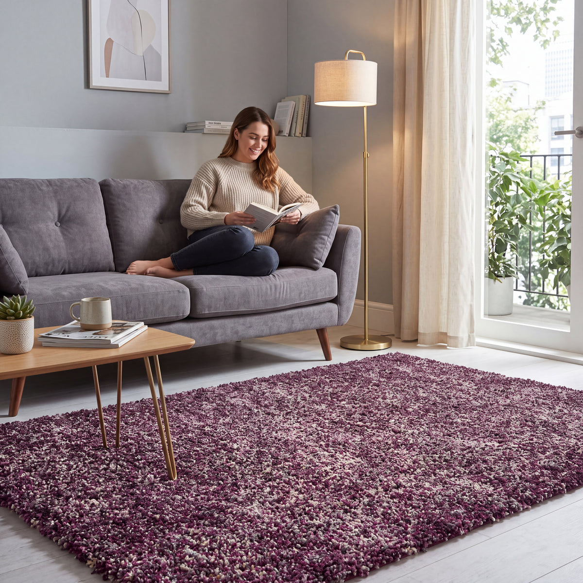 Enjoy Lilac Purple Mottled Shaggy Rug, 4cm Thick Pile, Non-Shed Polypropylene, Hessian Backed, Underfloor Heating Safe