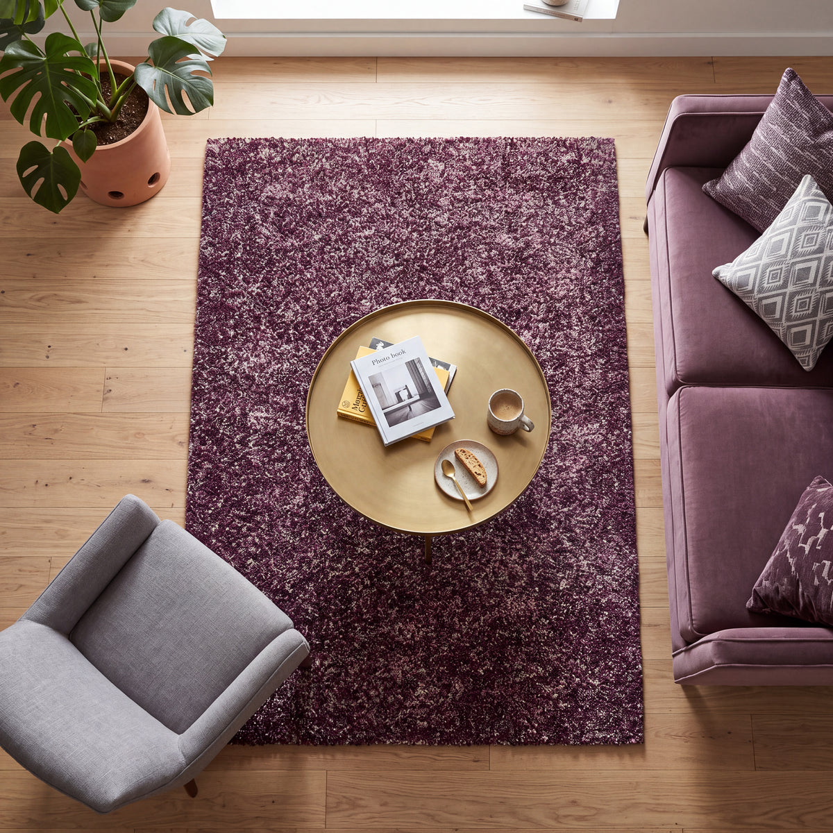 Enjoy Lilac Purple Mottled Shaggy Rug, 4cm Thick Pile, Non-Shed Polypropylene, Hessian Backed, Underfloor Heating Safe