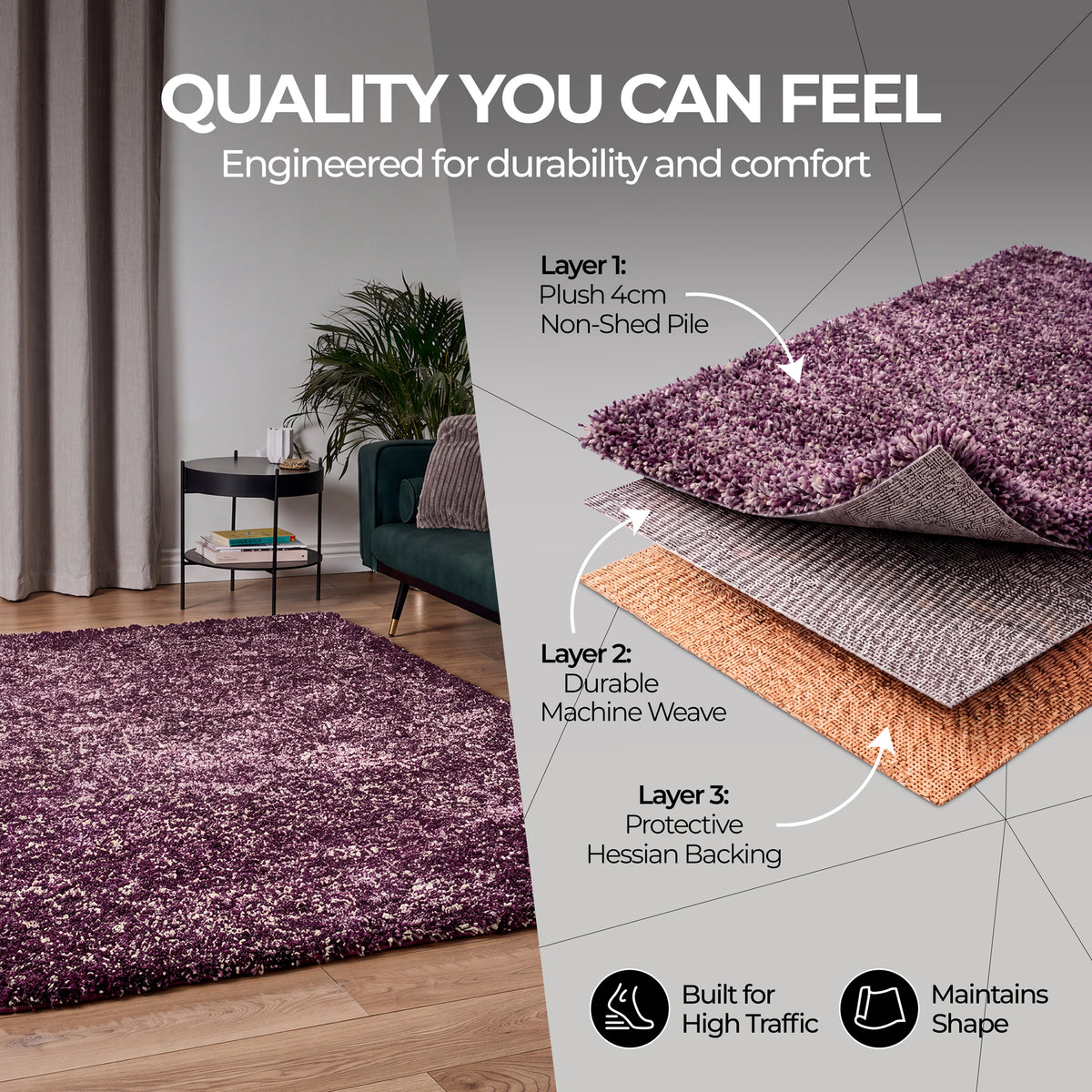 Enjoy Lilac Purple Mottled Shaggy Rug, 4cm Thick Pile, Non-Shed Polypropylene, Hessian Backed, Underfloor Heating Safe