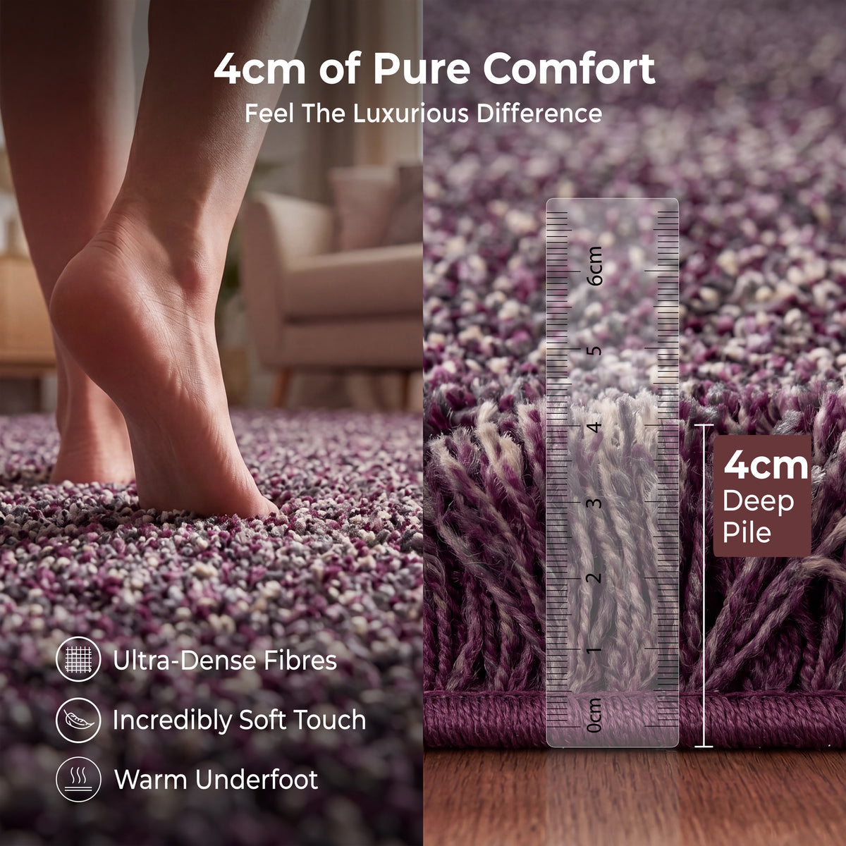 Enjoy Lilac Purple Mottled Shaggy Rug, 4cm Thick Pile, Non-Shed Polypropylene, Hessian Backed, Underfloor Heating Safe