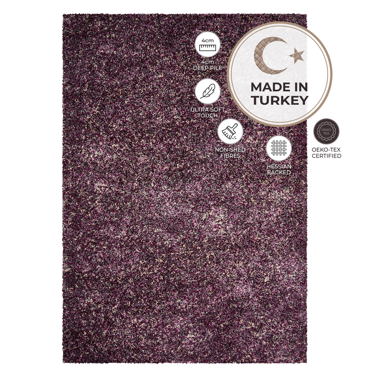Enjoy Lilac Purple Mottled Shaggy Rug, 4cm Thick Pile, Non-Shed Polypropylene, Hessian Backed, Underfloor Heating Safe
