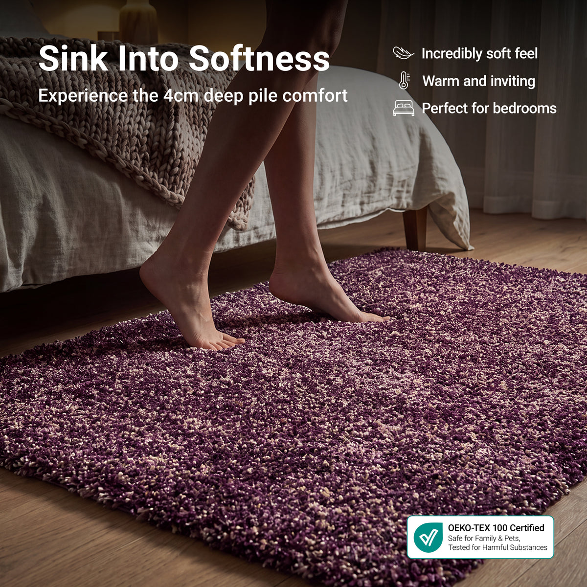 Enjoy Lilac Purple Mottled Shaggy Rug, 4cm Thick Pile, Non-Shed Polypropylene, Hessian Backed, Underfloor Heating Safe
