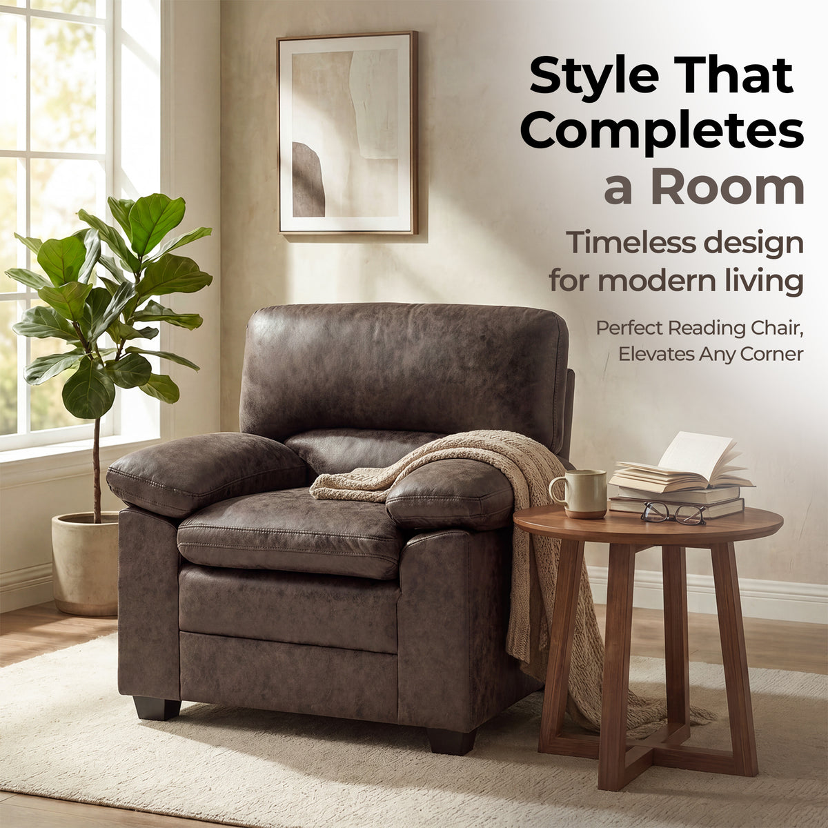 Oxford Faux Leather Armchair, Chocolate Brown, Padded Accent Chair for Living Room or Bedroom, Solid Wood Frame
