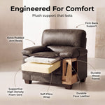 Oxford Faux Leather Armchair, Chocolate Brown, Padded Accent Chair for Living Room or Bedroom, Solid Wood Frame