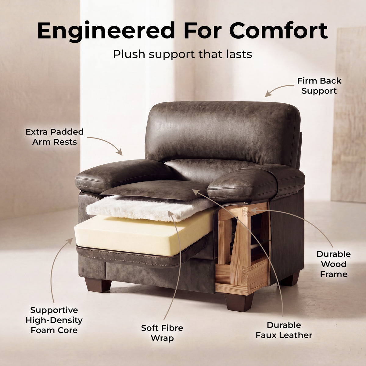 Oxford Faux Leather Armchair, Chocolate Brown, Padded Accent Chair for Living Room or Bedroom, Solid Wood Frame