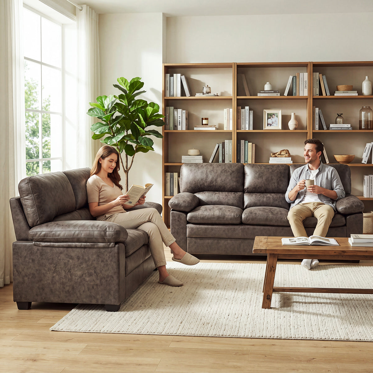 Oxford Faux Leather 2 and 3 Seater Sofa Set, Chocolate Brown Wipe Clean Settees with Padded Arms and Wood Frames