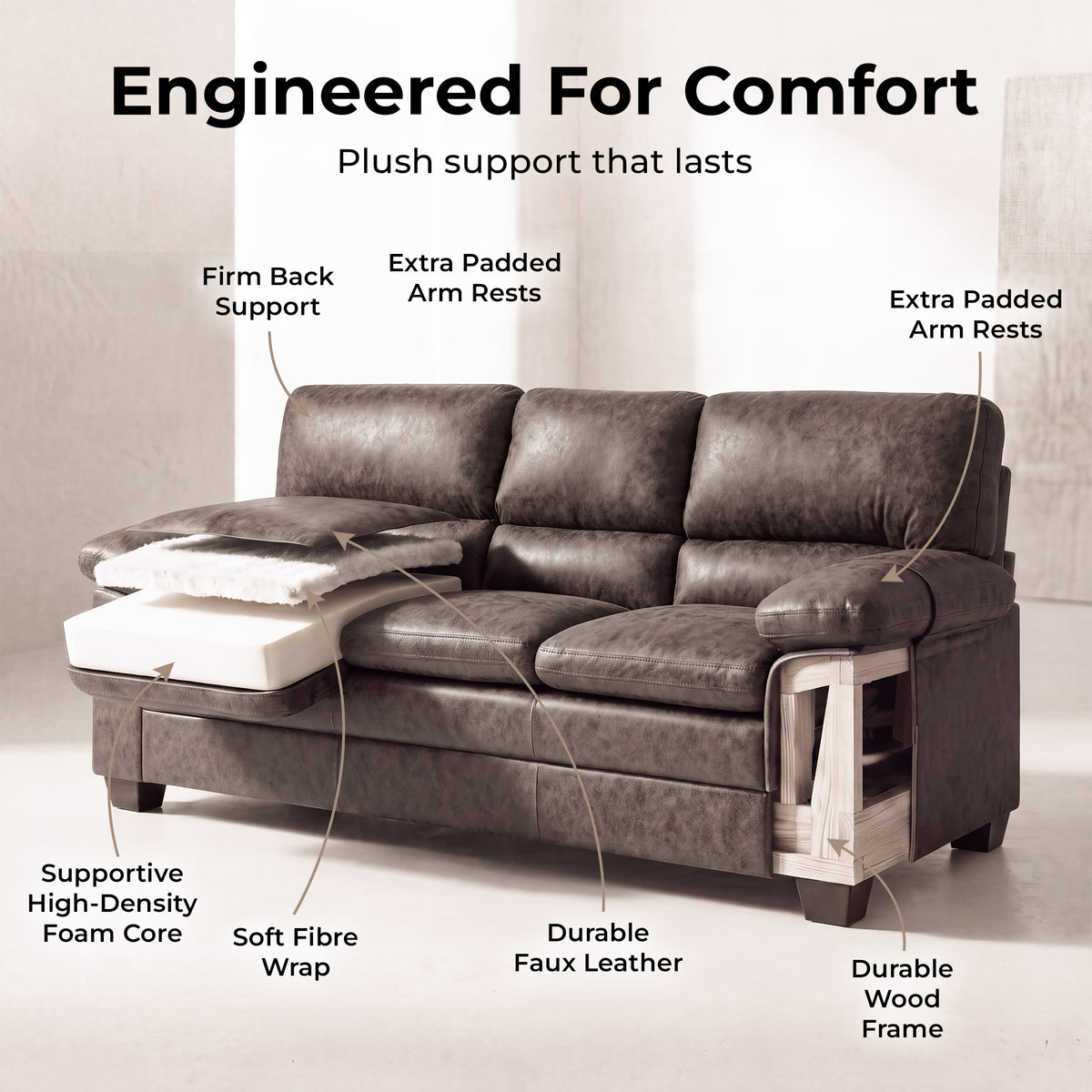 Oxford Faux Leather 2 and 3 Seater Sofa Set, Chocolate Brown Wipe Clean Settees with Padded Arms and Wood Frames
