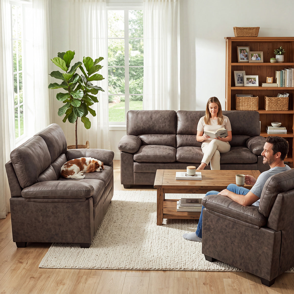 Oxford Faux Leather Sofa Suite, Chocolate Brown 3 Piece Set with Armchair, 2 Seater and 3 Seater Sofa