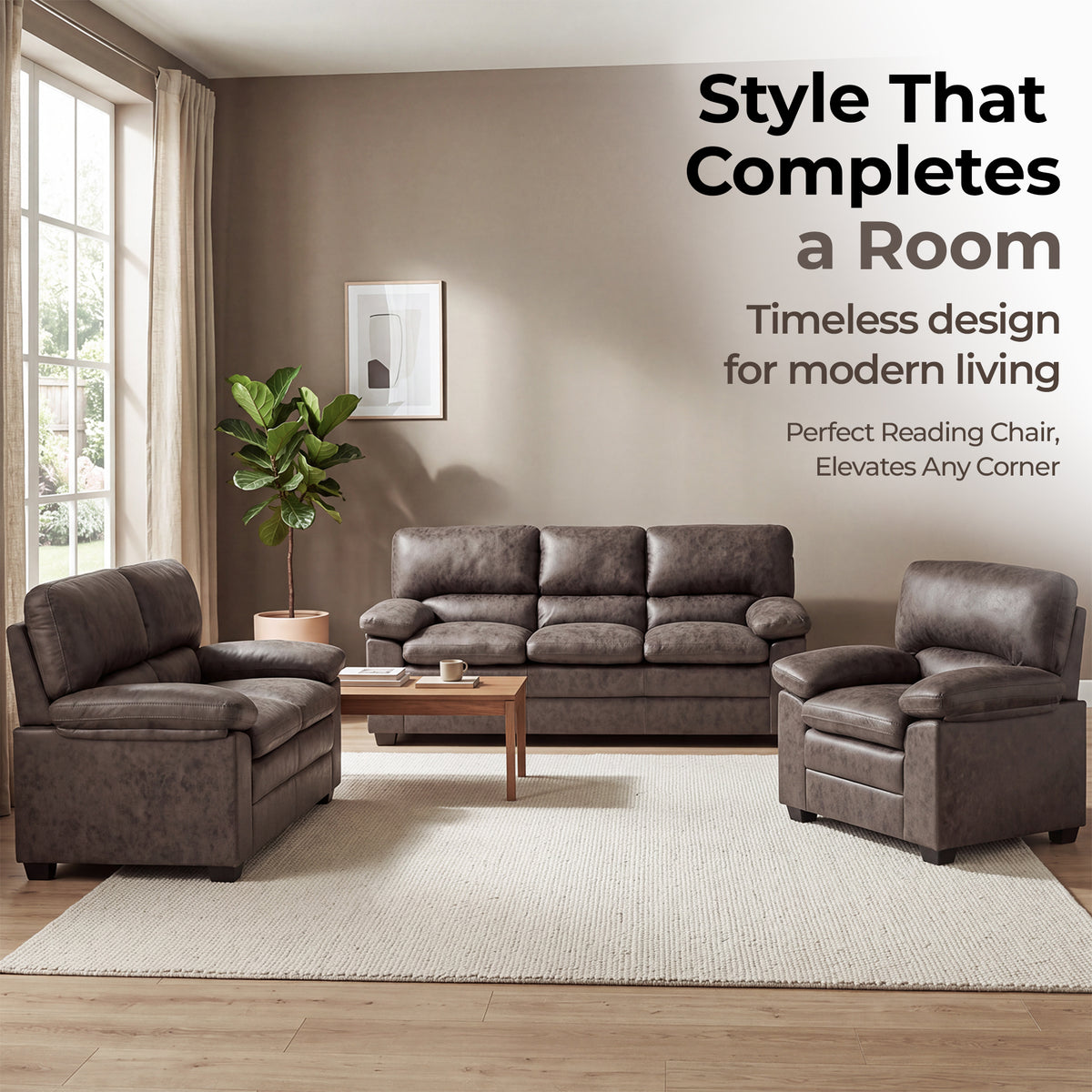 Oxford Faux Leather Sofa Suite, Chocolate Brown 3 Piece Set with Armchair, 2 Seater and 3 Seater Sofa