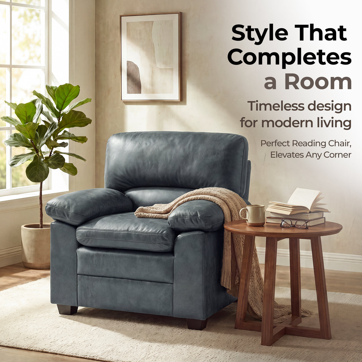 Oxford Faux Leather Armchair, Slate Grey Wipe Clean Accent Chair with Padded Arms and Solid Wood Frame
