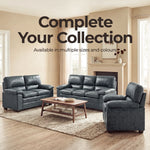 Oxford Faux Leather 3 Seater Sofa, Slate Grey Wipe Clean Settee with Padded Arms and Solid Wood Frame