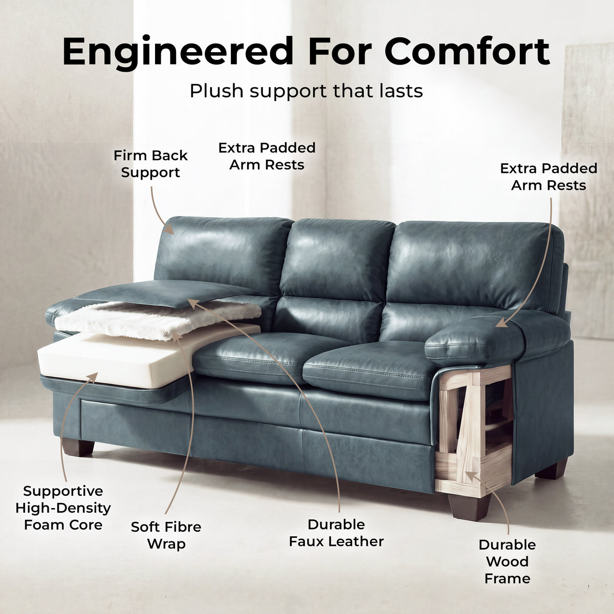 Oxford Faux Leather 3 Seater Sofa, Slate Grey Wipe Clean Settee with Padded Arms and Solid Wood Frame