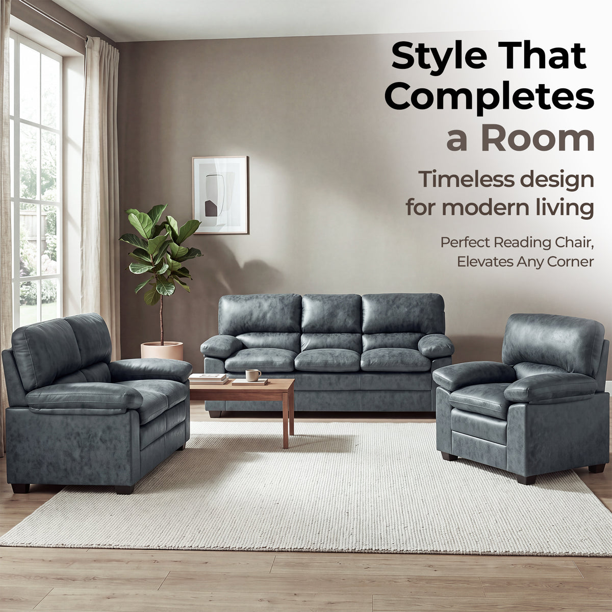 Oxford Faux Leather Sofa Suite, Slate Grey 3 Piece Set with Armchair, 2 Seater and 3 Seater Sofa