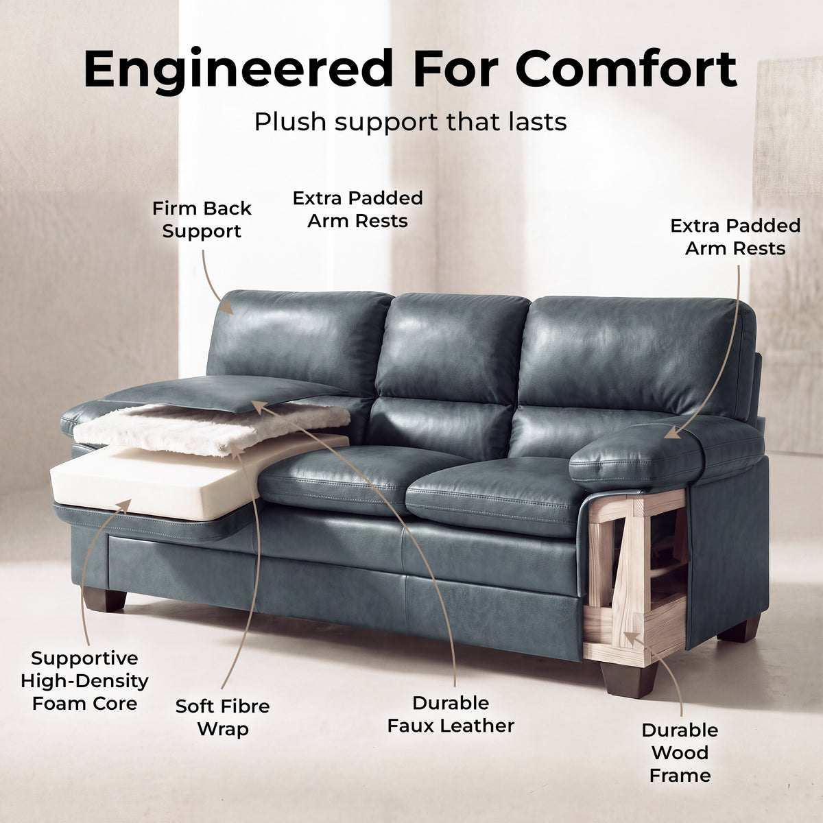 Oxford Faux Leather Sofa Suite, Slate Grey 3 Piece Set with Armchair, 2 Seater and 3 Seater Sofa