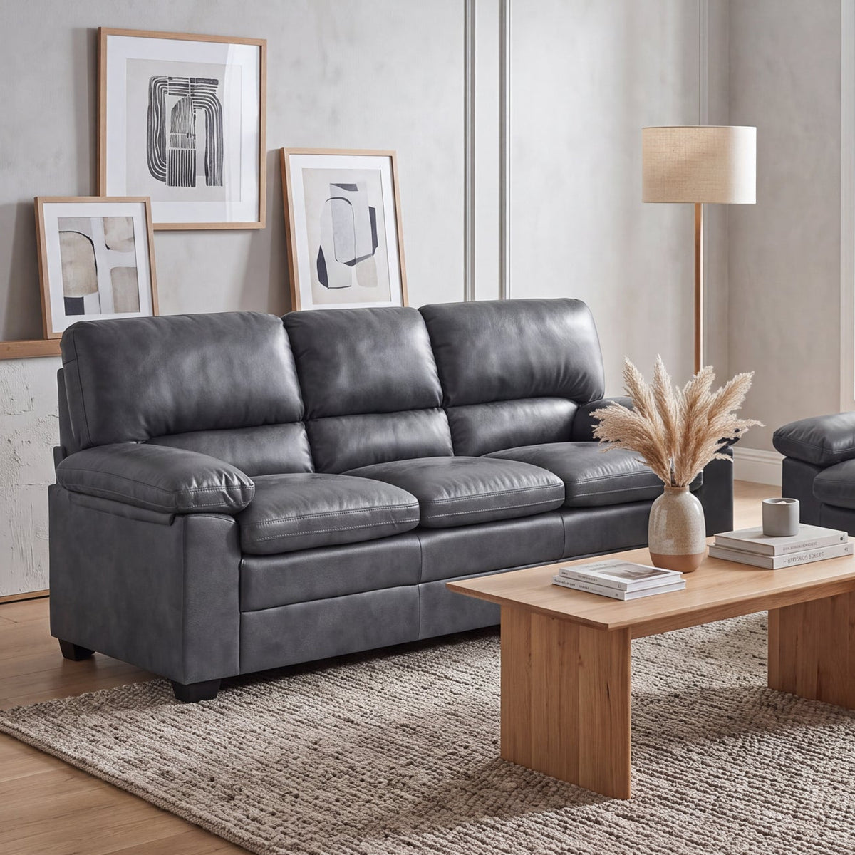 Oxford Faux Leather 3 Seater Sofa, Slate Grey Wipe Clean Settee with Padded Arms and Solid Wood Frame
