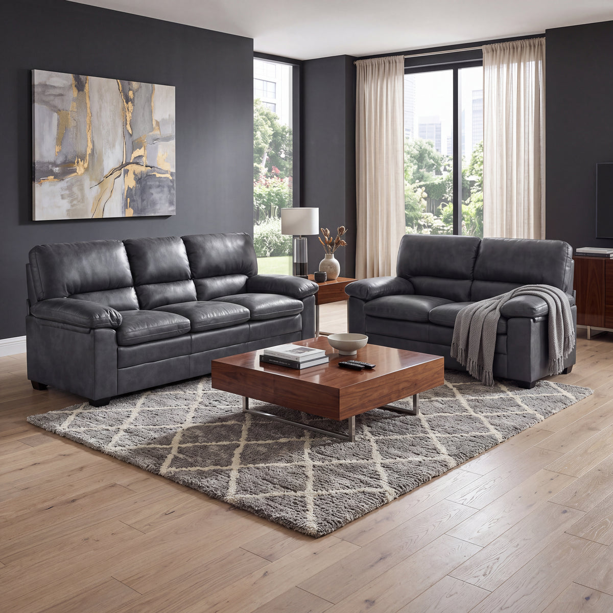 Oxford Faux Leather 3 Seater Sofa, Slate Grey Wipe Clean Settee with Padded Arms and Solid Wood Frame