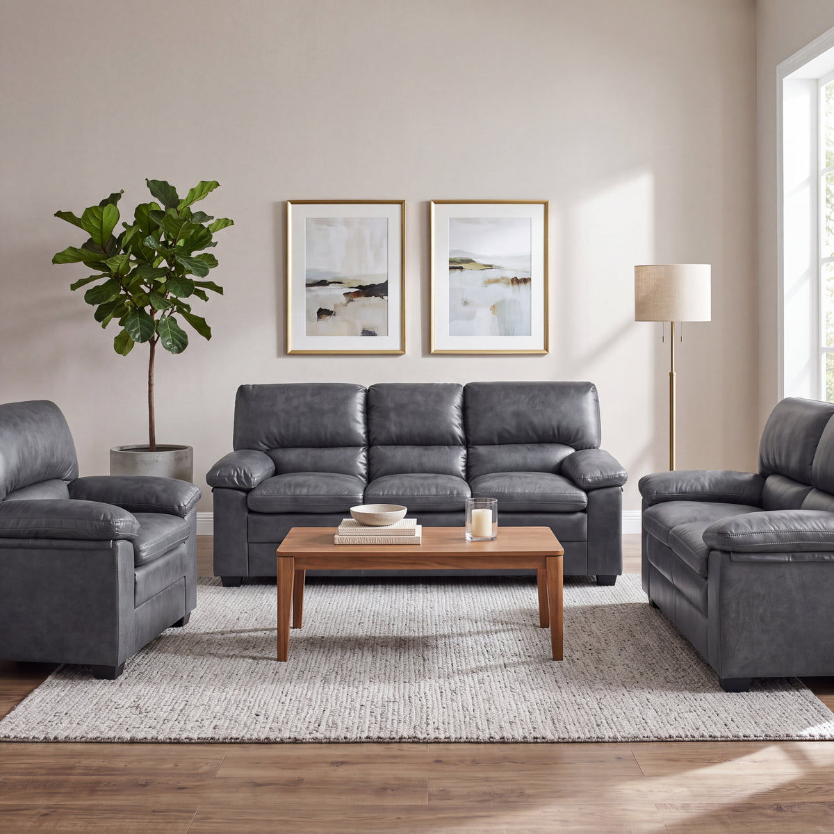 Oxford Faux Leather Sofa Suite, Slate Grey 3 Piece Set with Armchair, 2 Seater and 3 Seater Sofa