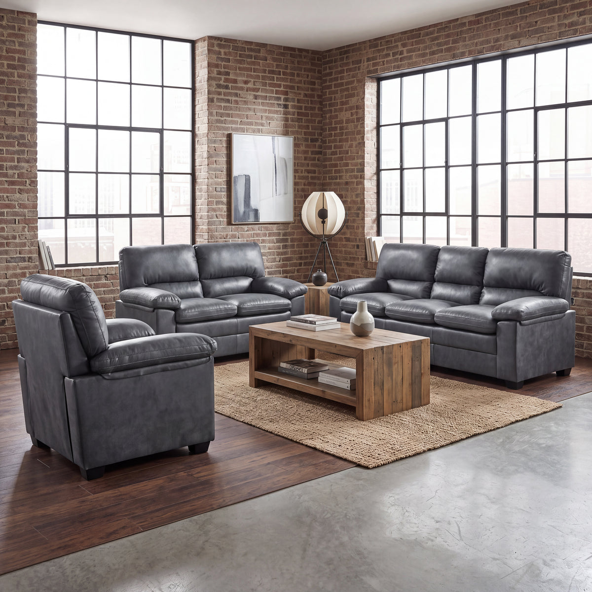 Oxford Faux Leather Sofa Suite, Slate Grey 3 Piece Set with Armchair, 2 Seater and 3 Seater Sofa