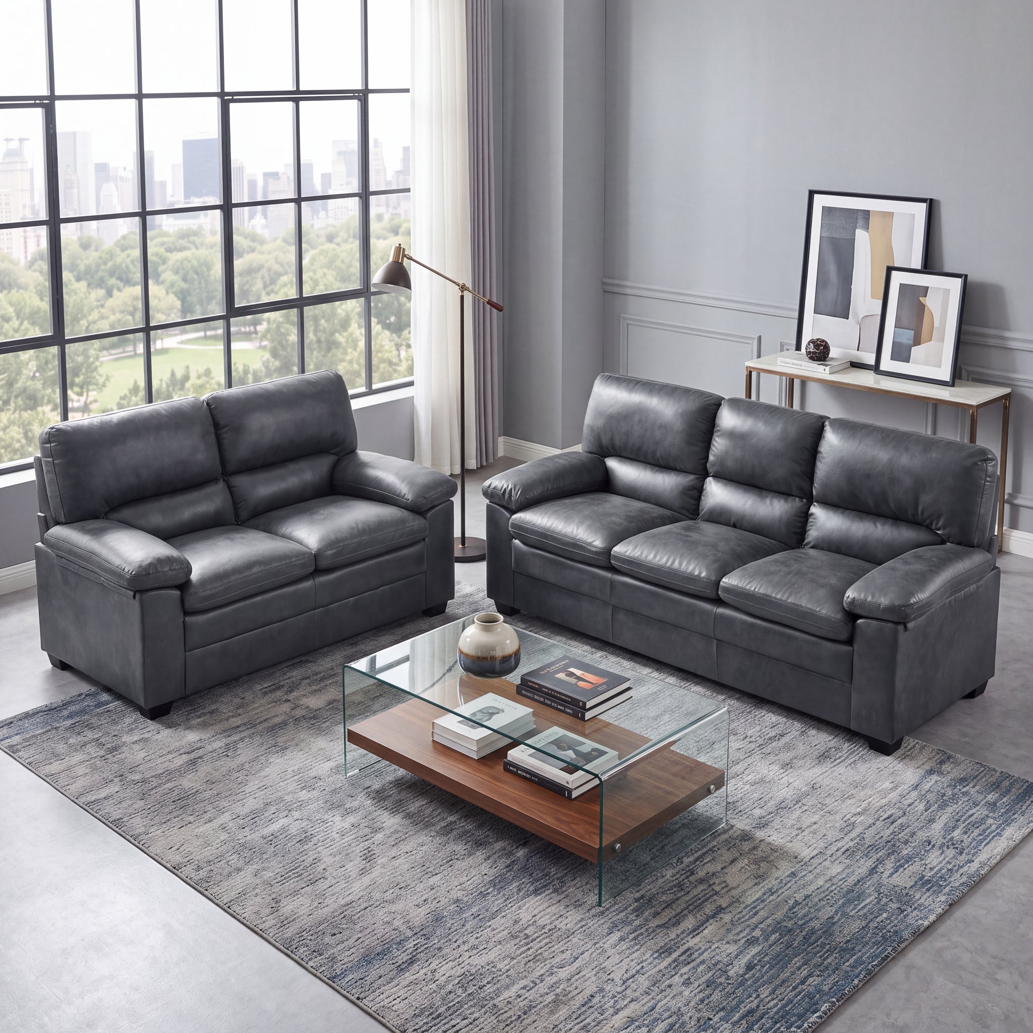 Oxford Faux Leather 2 and 3 Seater Sofa Set, Slate Grey Wipe Clean Settees with Padded Arms and Wood Frames