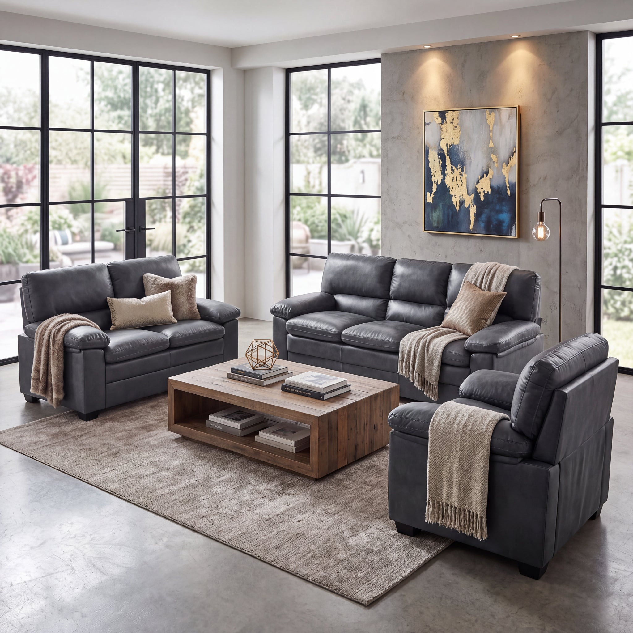 Oxford Faux Leather Sofa Suite, Slate Grey 3 Piece Set with Armchair, 2 Seater and 3 Seater Sofa