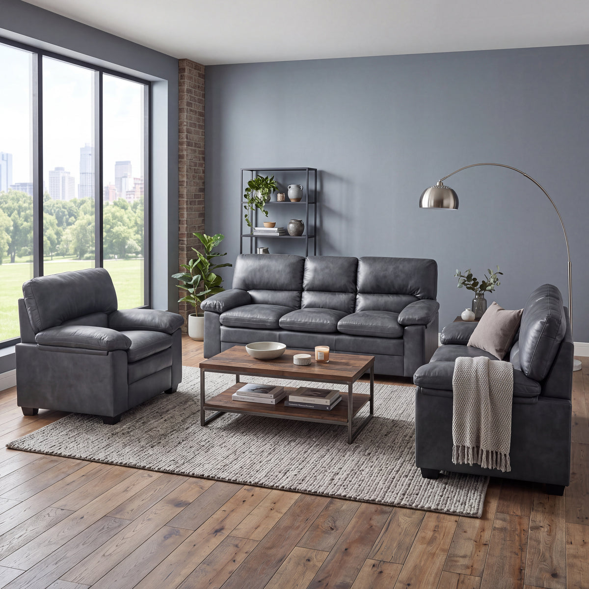 Oxford Faux Leather 3 Seater Sofa, Slate Grey Wipe Clean Settee with Padded Arms and Solid Wood Frame