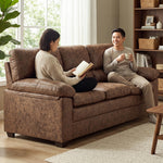 Oxford Faux Leather 3 Seater Sofa, Walnut Brown Wipe Clean Settee with Padded Arms and Solid Wood Frame