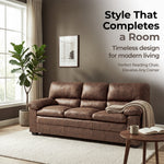 Oxford Faux Leather 3 Seater Sofa, Walnut Brown Wipe Clean Settee with Padded Arms and Solid Wood Frame