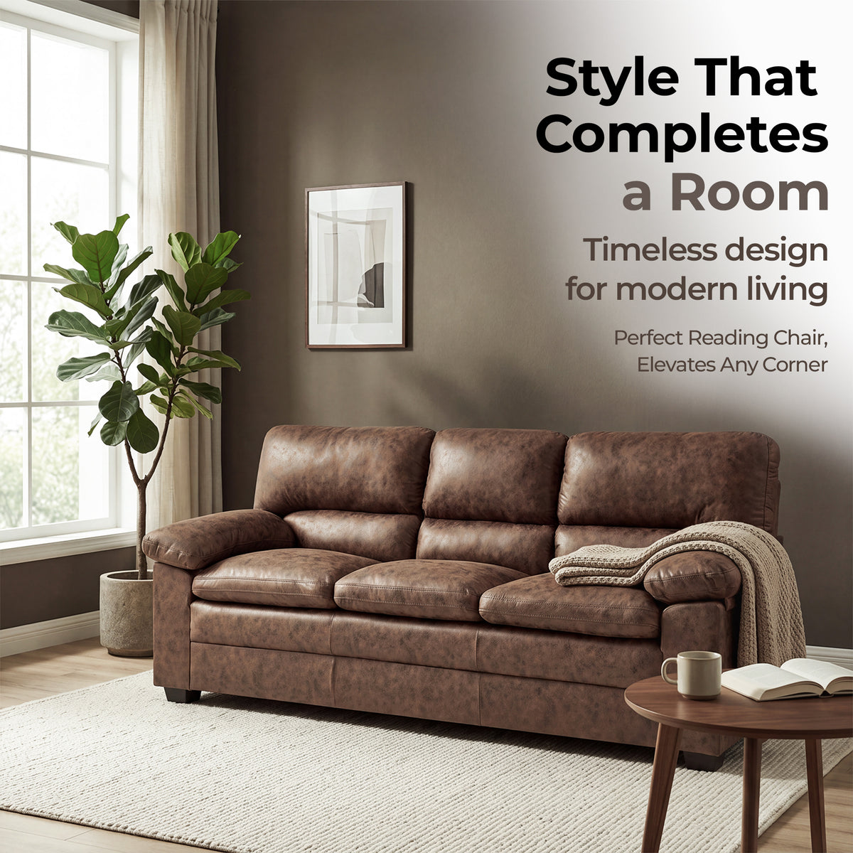 Oxford Faux Leather 3 Seater Sofa, Walnut Brown Wipe Clean Settee with Padded Arms and Solid Wood Frame