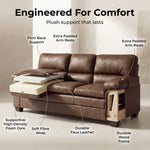 Oxford Faux Leather 3 Seater Sofa, Walnut Brown Wipe Clean Settee with Padded Arms and Solid Wood Frame