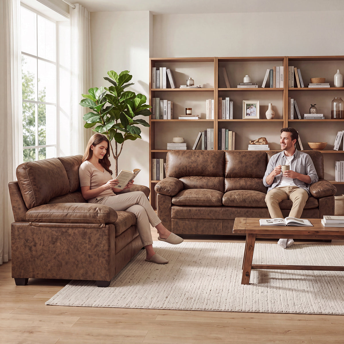 Oxford Faux Leather 2 and 3 Seater Sofa Set, Walnut Brown Wipe Clean Settees with Padded Arms and Wood Frames