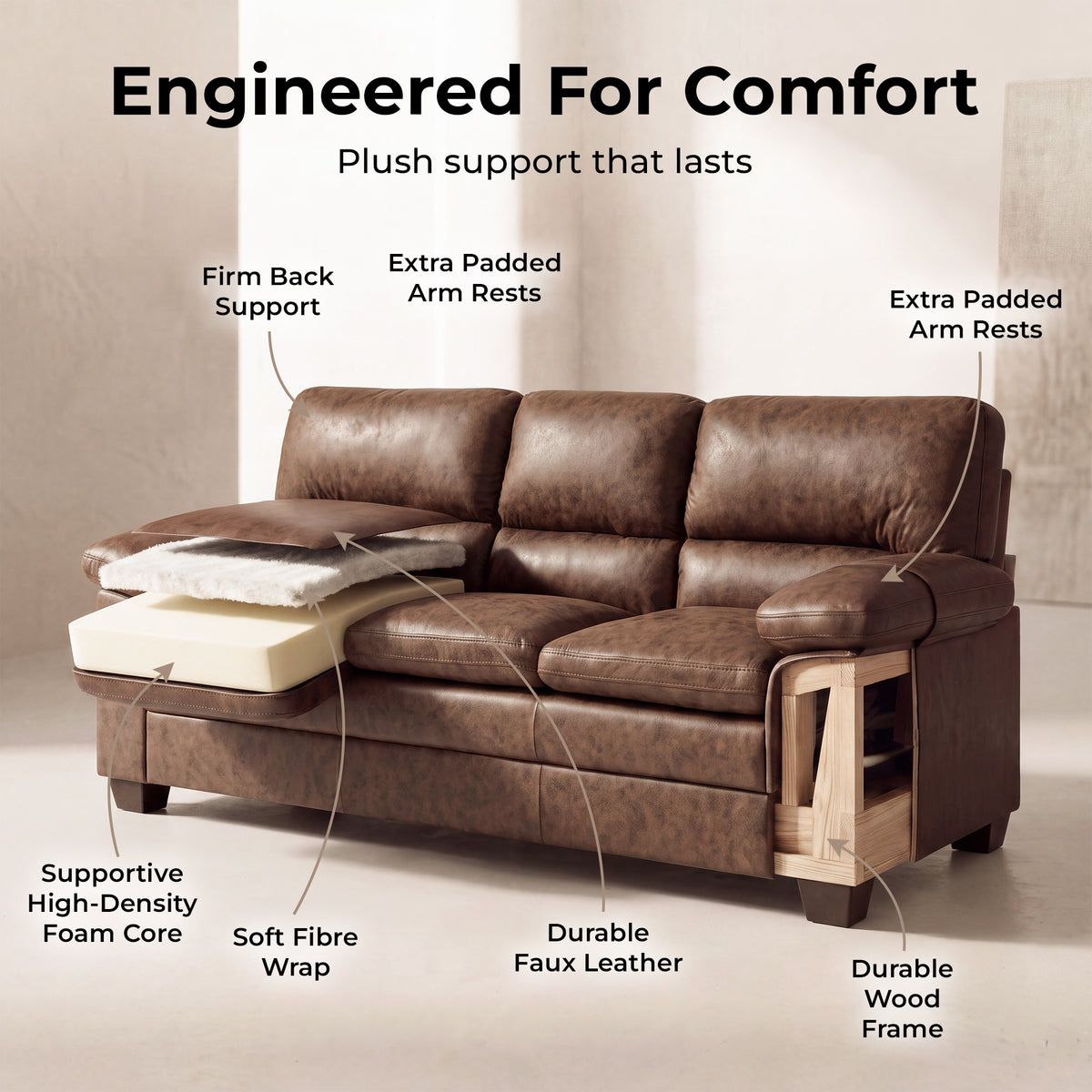 Oxford Faux Leather 2 and 3 Seater Sofa Set, Walnut Brown Wipe Clean Settees with Padded Arms and Wood Frames