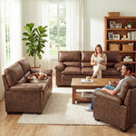 Oxford Faux Leather Sofa Suite, Walnut Brown 3 Piece Set with Armchair, 2 Seater and 3 Seater Sofa