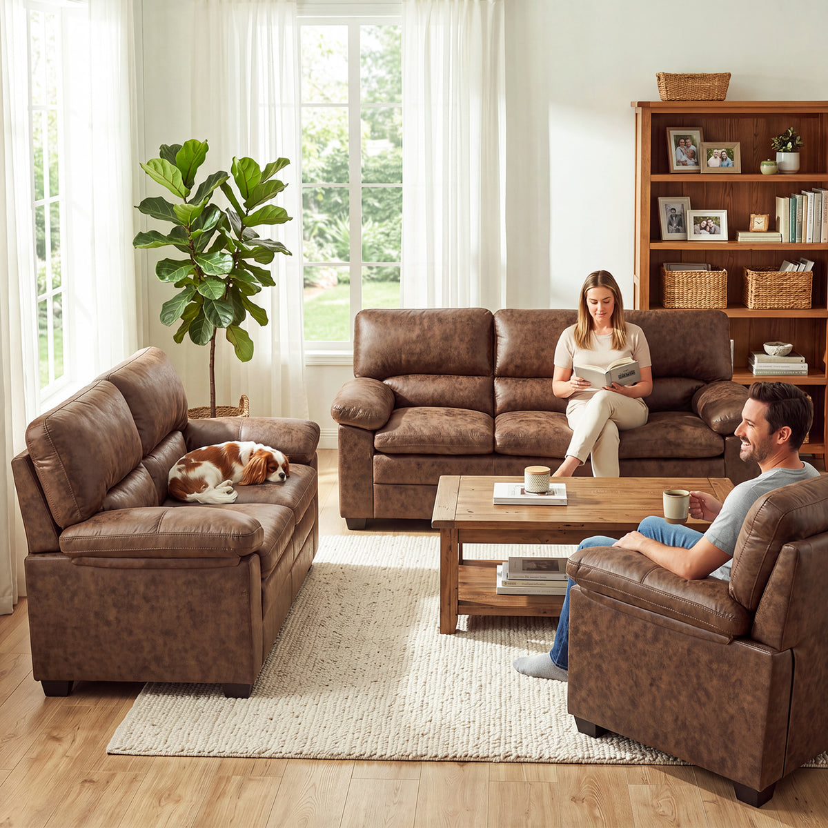 Oxford Faux Leather Sofa Suite, Walnut Brown 3 Piece Set with Armchair, 2 Seater and 3 Seater Sofa