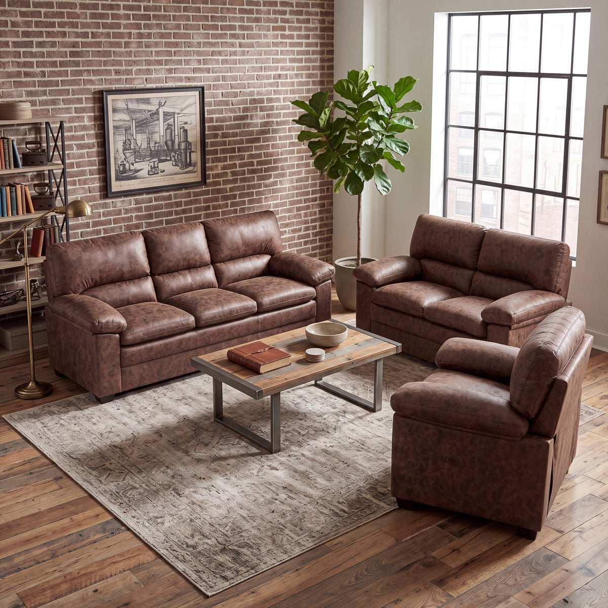 Oxford Faux Leather Sofa Suite, Walnut Brown 3 Piece Set with Armchair, 2 Seater and 3 Seater Sofa