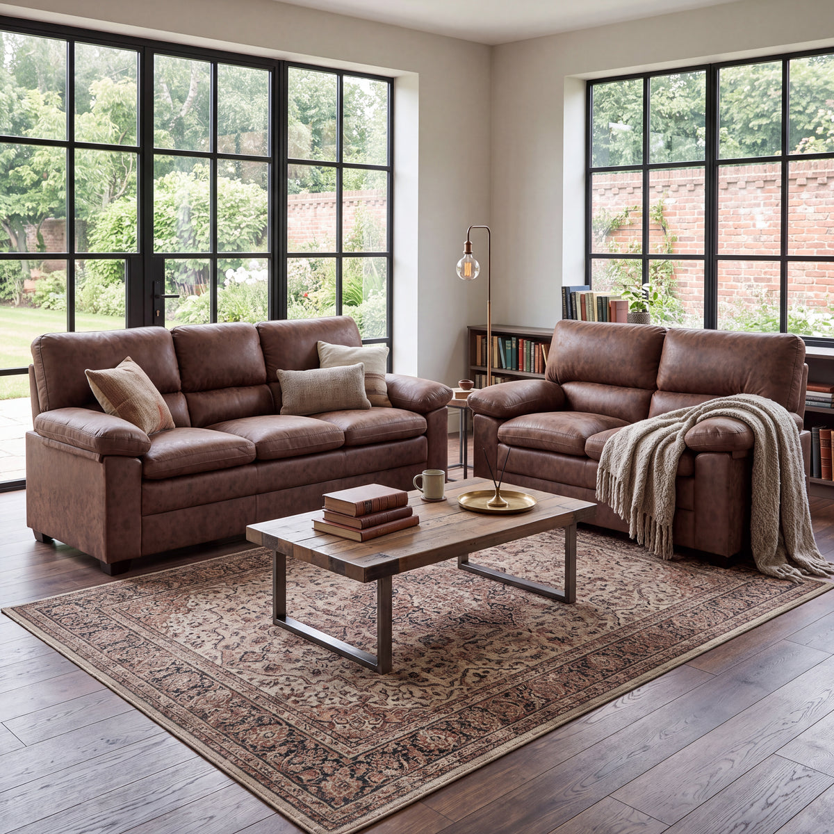 Oxford Faux Leather 2 and 3 Seater Sofa Set, Walnut Brown Wipe Clean Settees with Padded Arms and Wood Frames