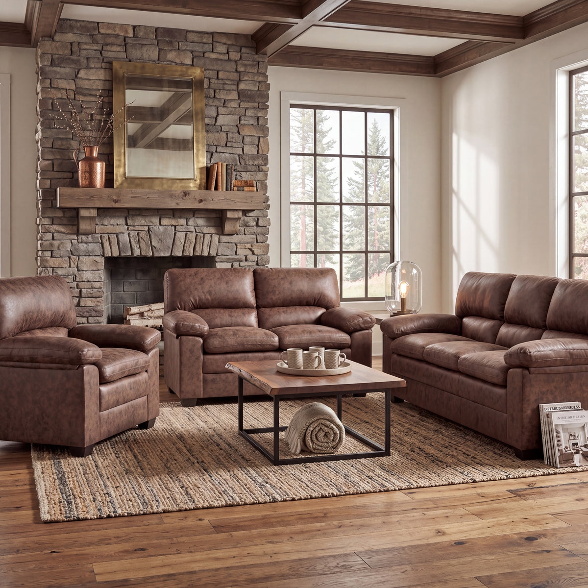 Oxford Faux Leather Sofa Suite, Walnut Brown 3 Piece Set with Armchair, 2 Seater and 3 Seater Sofa