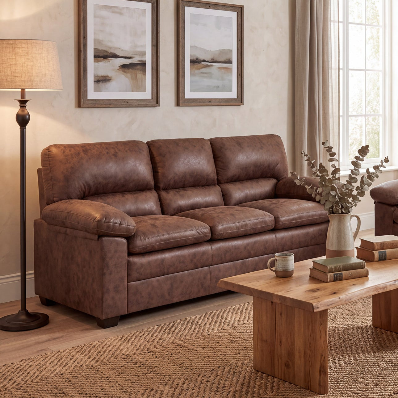 Oxford Faux Leather 3 Seater Sofa, Walnut Brown Wipe Clean Settee with Padded Arms and Solid Wood Frame