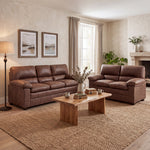 Oxford Faux Leather 2 and 3 Seater Sofa Set, Walnut Brown Wipe Clean Settees with Padded Arms and Wood Frames