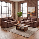 Oxford Faux Leather 2 and 3 Seater Sofa Set, Walnut Brown Wipe Clean Settees with Padded Arms and Wood Frames