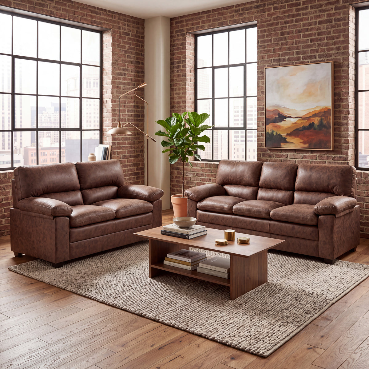 Oxford Faux Leather 2 and 3 Seater Sofa Set, Walnut Brown Wipe Clean Settees with Padded Arms and Wood Frames