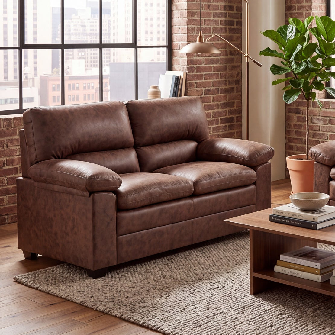 Oxford Faux Leather 2 Seater Sofa, Walnut Brown Wipe Clean Settee with Padded Arms and Solid Wood Frame