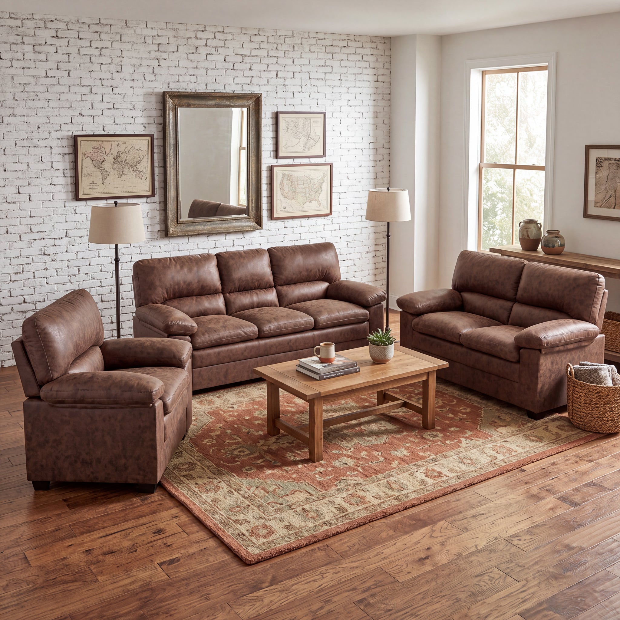 Oxford Faux Leather Sofa Suite, Walnut Brown 3 Piece Set with Armchair, 2 Seater and 3 Seater Sofa