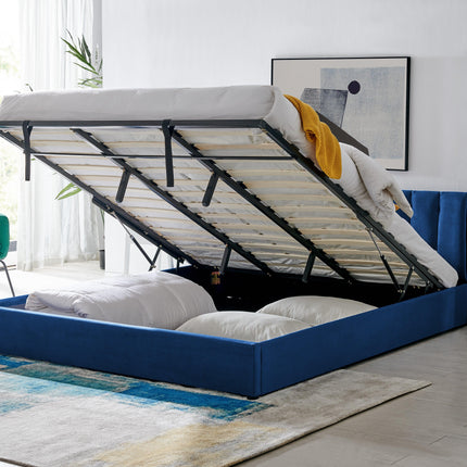 Blue Velvet Plush Ottoman Storage Bed Frame - Double or Super King-Bargainia.com