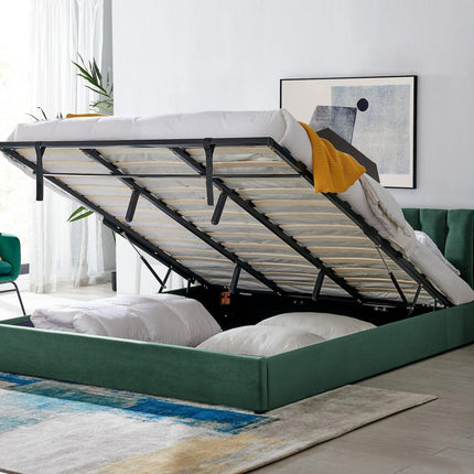 Jade Green Velvet Plush Ottoman Storage Bed Frame - Double or Super King-Bargainia.com
