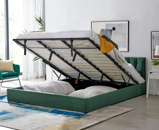 Jade Green Velvet Plush Ottoman Storage Bed Frame - Double or Super King-Bargainia.com